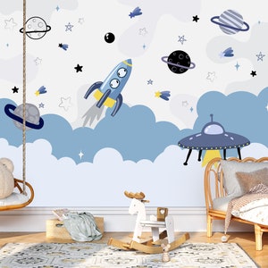 Cartoon Space and Planets Nursery Wall Mural Galaxy Wallpaper Peel and Stick Easy Removable Self Adhesive Kids Wallpaper Child Room Decor