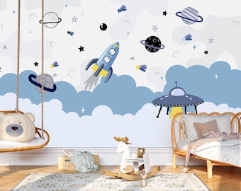 Cartoon Space and Planets Nursery Wall Mural Galaxy Wallpaper Peel and Stick Easy Removable Self Adhesive Kids Wallpaper Child Room Decor