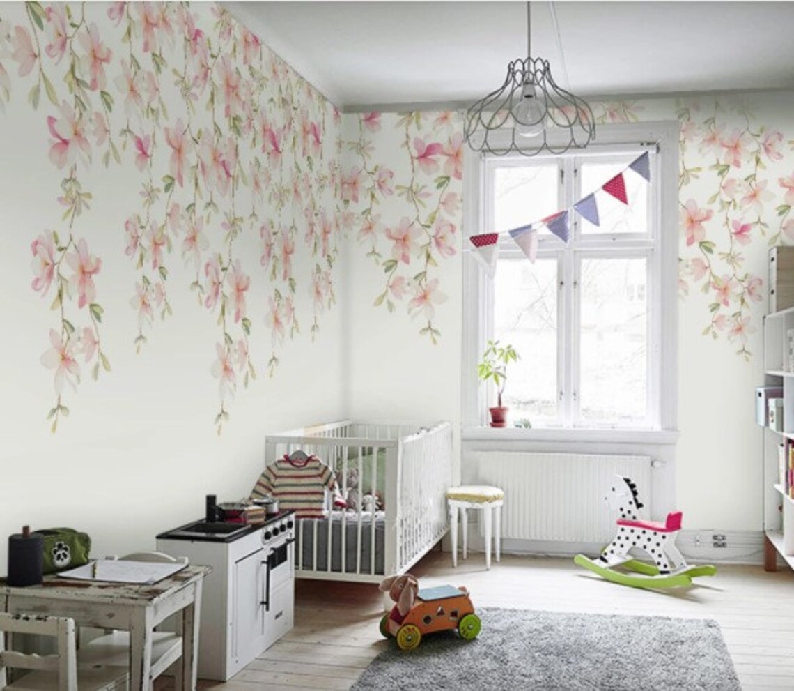 Watercolor Pink Flowers Wallpaper: Peel and Stick Floral Wall Mural - Etsy