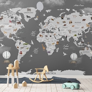 Schwarze Weltkarte für Kinder Tapete Peel and Stick Leicht abnehmbar selbstklebend Kinderzimmer Tapete Tier Weltkarte Kinderzimmer Wandbild