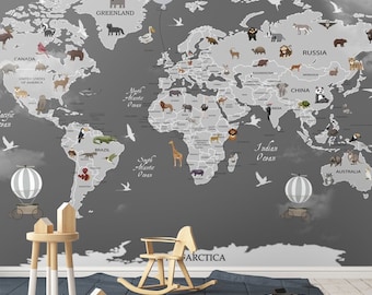 Black World Map for Kids Wallpaper Peel and Stick Easy Removable Self Adhesive  Child Room Wallpaper Animal World Map Nursery Wall Mural