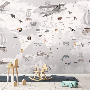 Weltkarte Kinder Tapete Peel and Stick Heißluftballons Karte abnehmbar selbstklebend Kinderzimmer Tapete Kinderzimmer Wand wandbild Tiere Karte