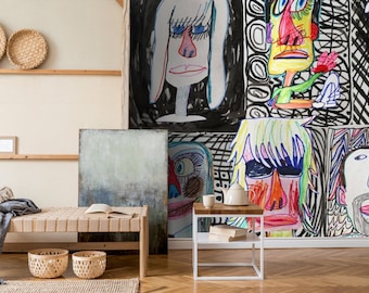 Hand Drawn People Pattern Wallpaper, Face Graffiti Wall Mural Style Wallpaper Peel and Stick Colorful Easy Removable Living Room Wall Mural