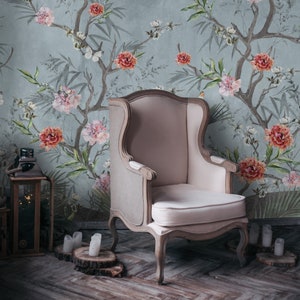 Chinoiserie Peel and Stick Wallpaper: Crane Heron Floral Mural