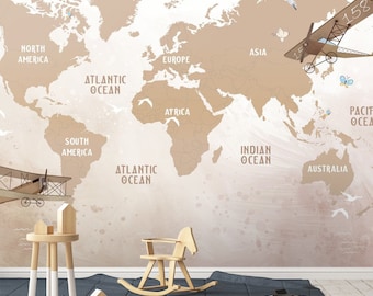 Brown Color World Map for Kids Wallpaper  Peel and Stick Easy Removable Self Adhesive  Child Room Wallpaper Nursery Wall Mural Animals Maps