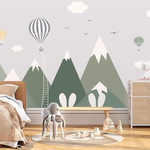 Muurschildering groene bergkwekerij: heteluchtballonnen, peel-and-Stick-behang
