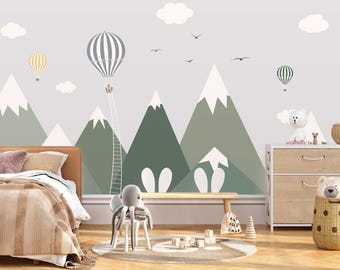 Green Mountain Nursery Wall Mural Hot Air Balloons Wallpaper Peel and Stick Easy Removable Self Adhesive Kids Wallpaper Child Room Wallpaper