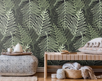 Green Tropical Palm Leaves Wallpaper Botanical Black White Palm Tropical Wall Mural Peel and Stick Wall Art Removable Vintage Leaf Wallpaper