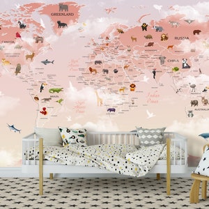 Weltkarte Kinder Tapete Peel and Stick Heißluftballons Karte abnehmbar selbstklebend Kinderzimmer Tapete Kinderzimmer Wand wandbild Tiere Karte