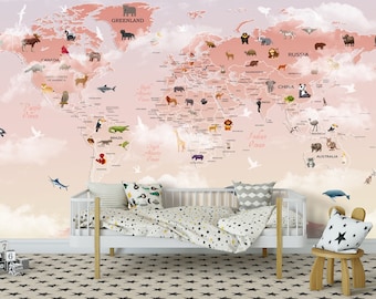 World Map Kids Wallpaper  Peel and Stick Hot air Balloons Map Removable Self Adhesive Child Room Wallpaper Nursery Wall Mural Animals Map