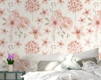 Pink Color Flowers Wallpaper Tropical Flowers Wall Mural Peel and Stick Wall Art Easy Removable Vintage  Wallpaper