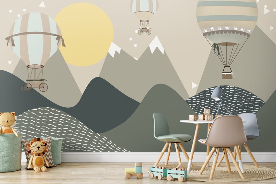 Mountains & Hot Air Balloons Wallpaper Mural: Peel and Stick Kids Room ...
