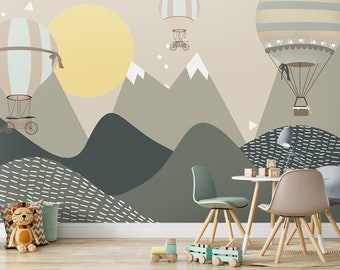 Peel and Stick Easy Removable Self Adhesive Kids Wallpaper Mountains and Hot Air Balloons Child Room Wallpaper Nursery Wall Mural