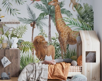 Kids Wallpaper Jungle Safari Animals Wall Mural  Children Room Wall Decor Peel and Stick Wall Art Easy Removable Pattern Baby Kids Room
