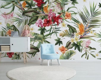 Tropical Plant Leaves Wallpaper Botanical Banana and Palm Leaves Wall Mural Peel and Stick Wall Art Removable Vintage Leaf Wallpaper