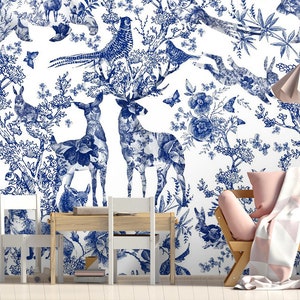 Indigo Floral Animals Wallpaper: Forest Wall Mural (Peel and Stick)