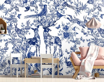 Floral Wallpaper Animals Forest Wall Mural Peel and Stick Wall Art Easy Removable Pattern Wallpaper Botanical Flowers Wall Mural