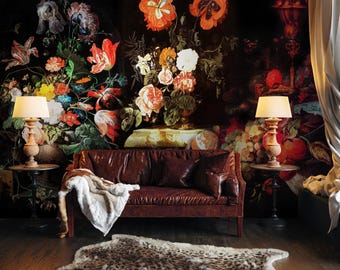 Dark Tropical Wallpaper, Dark Floral Roses, Peel and Stick Wall Art, Removable Vintage Peony Flowers Wallpaper, Living Room, Bedroom Decor