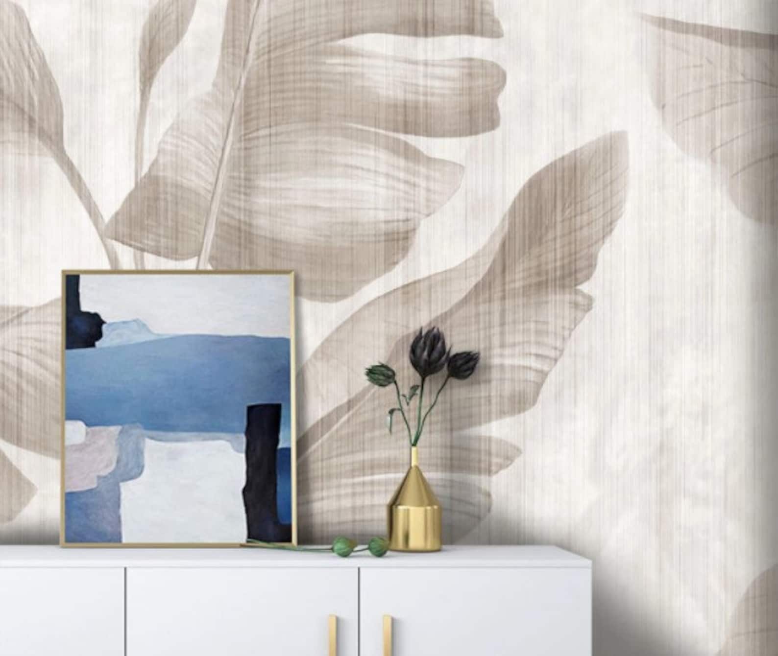 Soft Color Tropical Leaves Wallpaper Grey Palm Wall Mural Peel Etsy