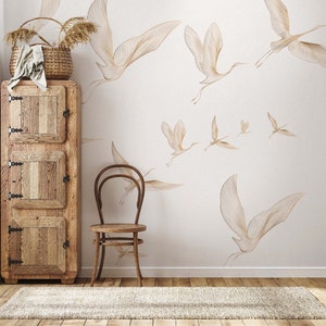 Gold Crane Birds Wallpaper, Vintage Boho Wall Murals, Chinoiserie Wallpaper, Removable Peel and Stick or Traditional Pre-pasted