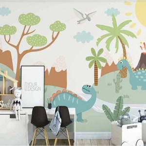 Papel tapiz para niños, Jungle Cartoon Dinosaur Nursery Mural Peel and Stick Easy Removable Self Adhesive Child Room Decor