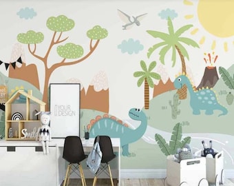 Kids Wallpaper, Jungle Cartoon Dinosaur Nursery Wall Mural Peel and Stick Easy Removable Self Adhesive Child Room Decor