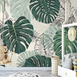 Green Palm Leaves Wallpaper Botanical Palm Leafs  Wall Mural Peel and Stick Wall Art Removable Vintage Leaf Wallpaper