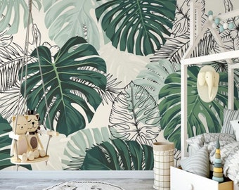 Green Palm Leaves Wallpaper Botanical Palm Leafs  Wall Mural Peel and Stick Wall Art Removable Vintage Leaf Wallpaper