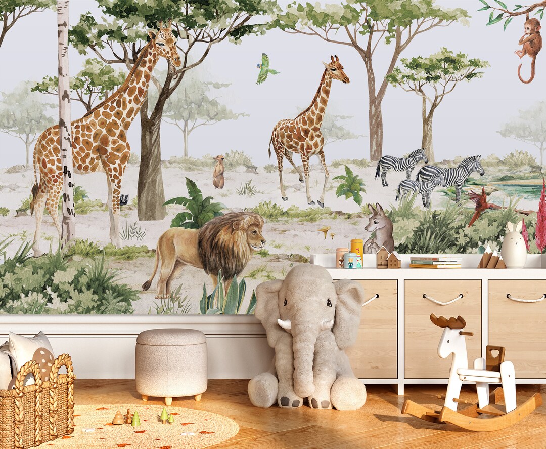 Safari Animals Peel and Stick Wallpaper: Jungle Mural, Children's Room ...