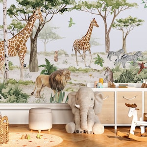 Carta da parati con animali safari, carta da parati staccabile e incollabile, decorazione murale della giungla, decorazione della camera dei bambini, carta da parati personalizzata