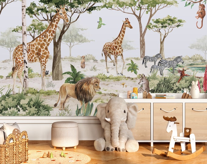 Featured listing image: Safari Animals Wallpaper, Removable Peel and Stick Wallpaper, Jungle Wall Mural, Children Room Decor, Customized wallpaper