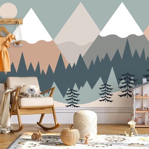 Forest Mountain Nursery Wall Mural Sun and Birds Wallpaper Peel and Stick Easy Removable Self Adhesive Kids Wallpaper Child Room Wallpaper