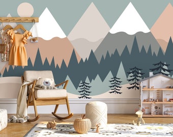 Forest Mountain Nursery Wall Mural Sun and Birds Wallpaper Peel and Stick Easy Removable Self Adhesive Kids Wallpaper Child Room Wallpaper