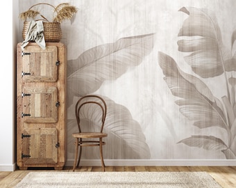 Soft Color Tropical Leaves Wallpaper Grey Palm Wall Mural Peel and Stick Wall Art Removable Vintage Gold Leaves Wallpaper
