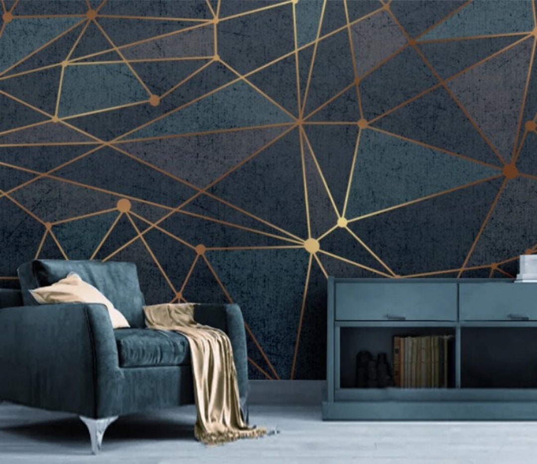 Gold Lines Geometric Art Wallpaper, Abstract Wall Mural, Peel and Stick