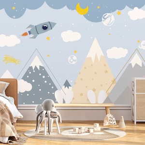 Carta da parati per bambini Peel and Stick, carta da parati murale per cameretta dei bambini con spazio e montagna, carta da parati autoadesiva rimovibile per bambini, carta da parati per cameretta dei bambini