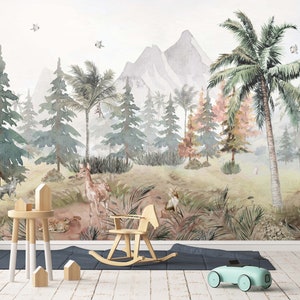 Kids Wallpaper - Forest Animals Trees  Peel and Stick  Wall Mural - Self Adhesive Nursery Wall Art - Child Room Mountain Decor Forest  Decal