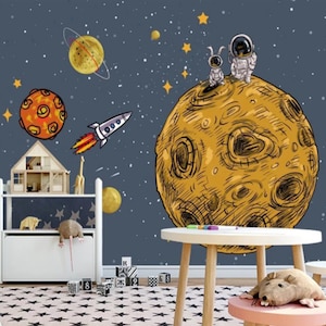 Spazio e pianeti Nursery Parete Murale Astronauta Carta da parati Peel and Stick Rimovibile Autoadesivo Carta da parati per bambini Carta da parati per bambini Camera da parati