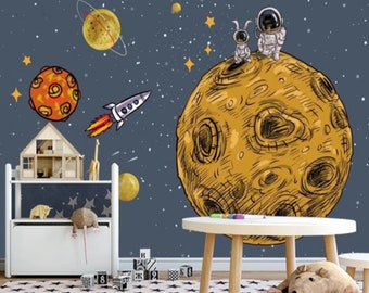 Space and Planets Nursery Wall Mural Astronaut Wallpaper Peel and Stick Removable Self Adhesive Kids Wallpaper Child Room Wallpaper