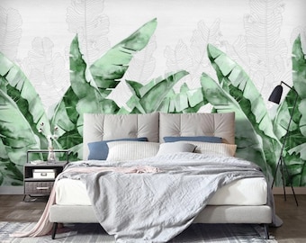 Watercolor Tropical Leaves Wallpaper Green Color Palm Wall Mural Peel and Stick Wall Art Removable Vintage Gold Leaves Wallpaper
