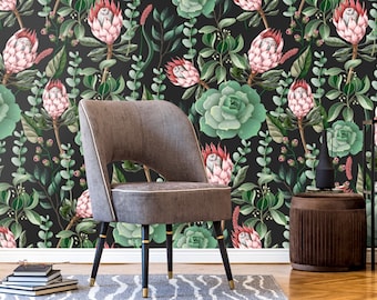 Protea Flowers Wallpaper Botanical Tropical Leaves  Wall Mural Peel and Stick Wall Art Removable Vintage Leaf Wallpaper