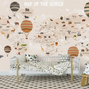 Weltkarte Kinder Tapete Peel and Stick Heißluftballons Karte abnehmbar selbstklebend Kinderzimmer Tapete Kinderzimmer Wand wandbild Tiere Karte