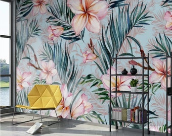 Tropical Pink Flowers  Wallpaper Botanical Banana and Palm Trees Leafs Wall Mural Peel and Stick Wall Art Removable Vintage Leaf Wallpaper