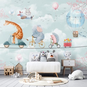 Kids Wallpaper  Children Room Wall Mural Peel and Stick Wall Art  Customized Wallpaper Easy Removable Children with animals Baby Kids Room