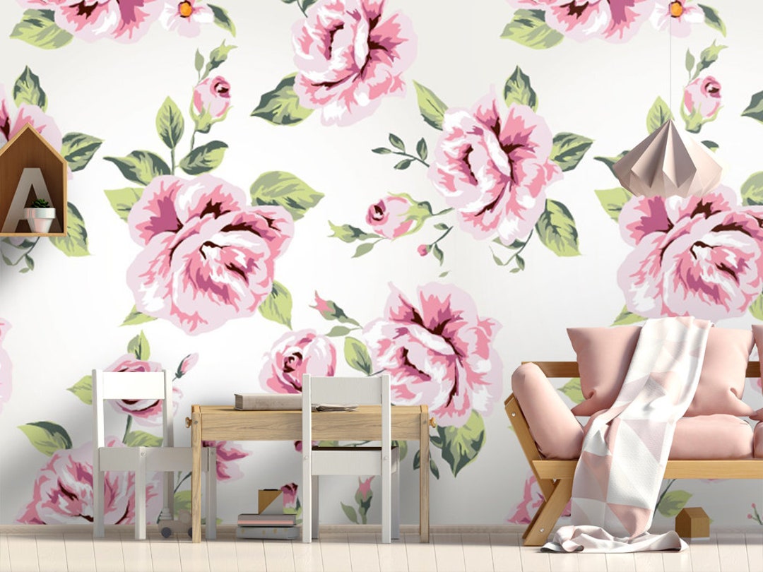 Seamless Vintage Flower Wallpaper Pink Rose Wall Mural Peel and Stick Wall Art Easy Removable