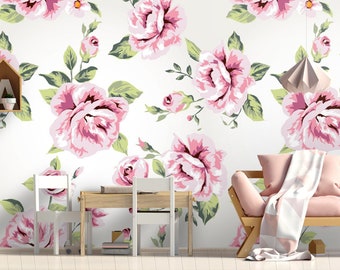 Seamless Vintage Flower Wallpaper Pink Rose Wall Mural Peel and Stick Wall Art Easy Removable Vintage Watercolor Fllowers Wallpaper