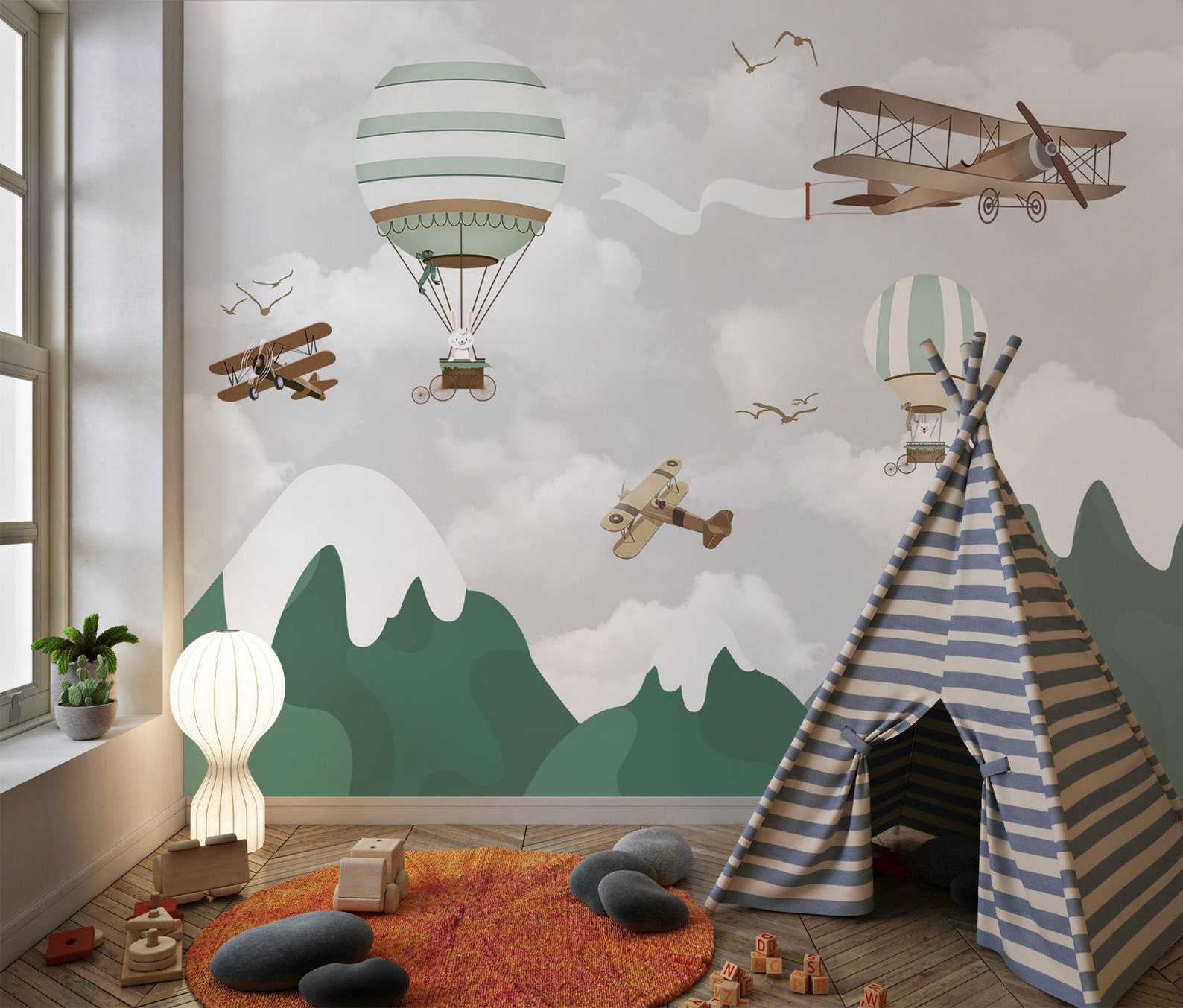 Kids Wallpaper Hot Air Balloons Peel and Stick Air Plane Easy - Etsy