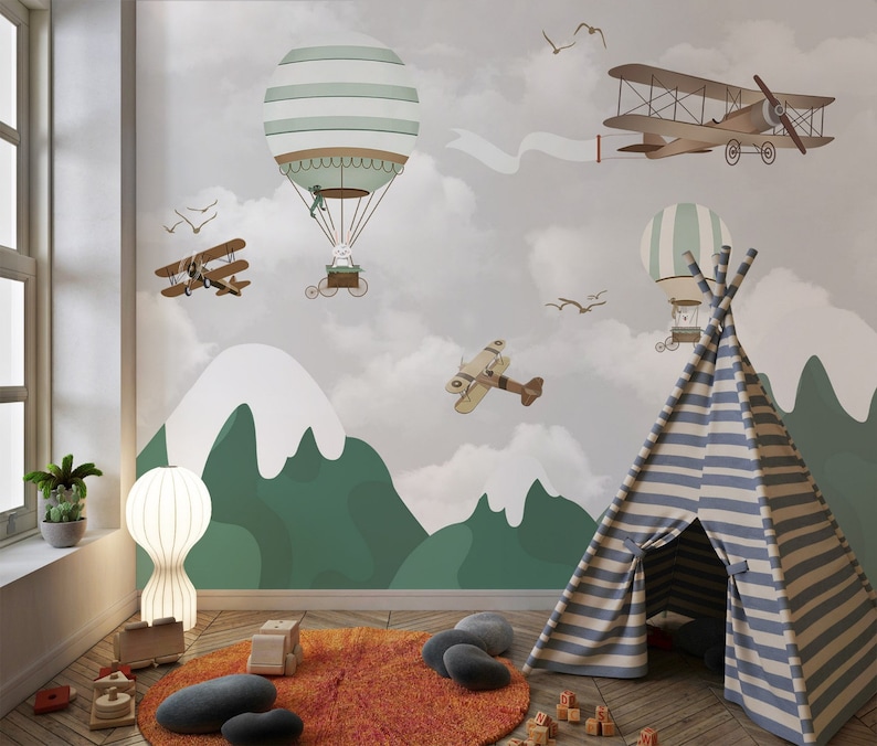 Hot Air Balloons Kids Wallpaper: Peel and Stick Nursery Mural - Etsy