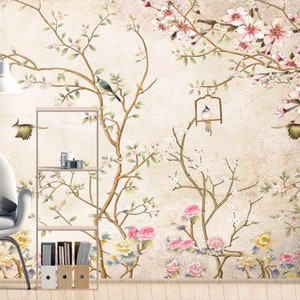 Floral Wall Mural Trees Birds and Flowers for Digital Wallpaper Peel and Stick Wall Art Easy Removable Pattern Wall Mural Watercolor Floral