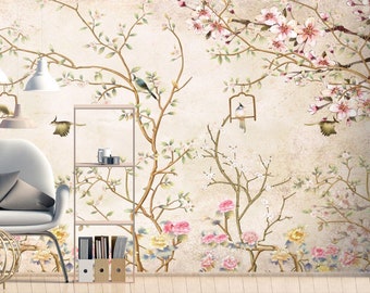 Floral Wall Mural Trees Birds and Flowers for Digital Wallpaper Peel and Stick Wall Art Easy Removable Pattern Wall Mural Watercolor Floral